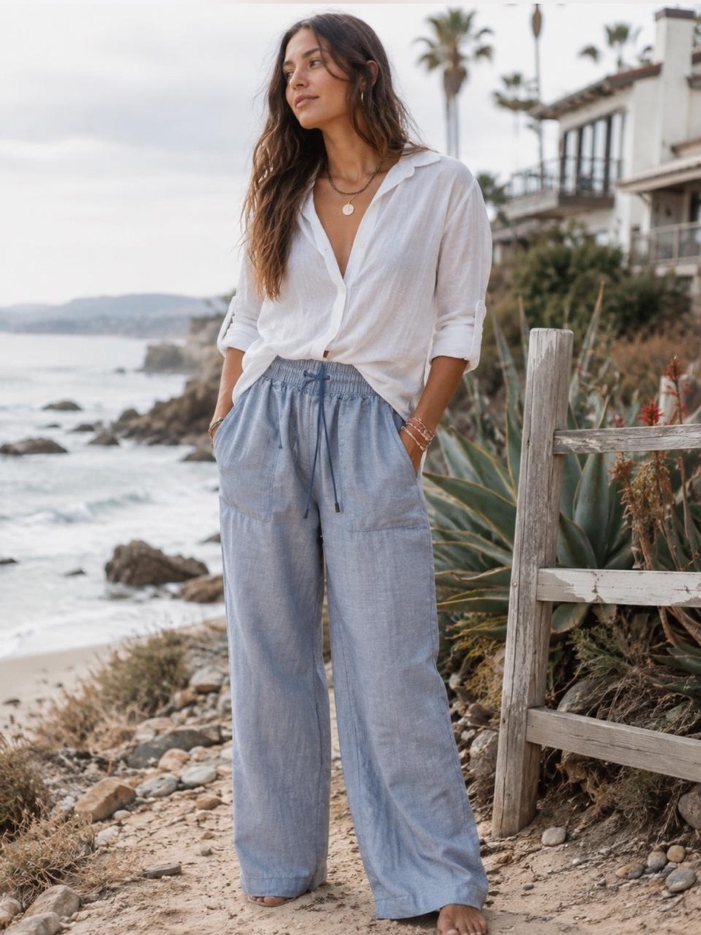 ATHLETA Retreat Linen High Rise Wide Leg Pant Blue Chambray Drawstring 8 Tall